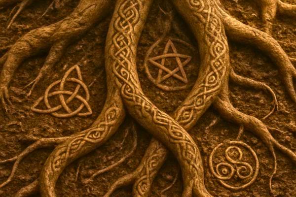 des racines darbre avec des symboles graves dans la terre