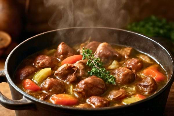 une casserole de ragout de rognons avec legumes en cuisson