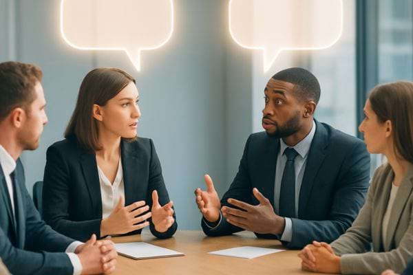 quatre personnes discutent autour dune table avec des bulles de dialogue symboliques