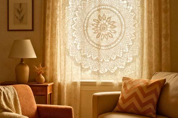 un rideau en dentelle laisse passer la lumiere dans un salon cosy