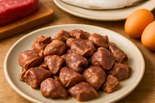 des rognons crus poses dans une assiette pres doeufs et viande