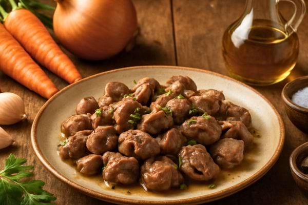 un plat de rognons cuisines entoures de carottes oignon et huile dolive