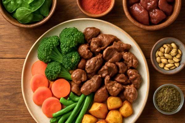 une assiette avec rognons brocoli carottes haricots et pommes de terre