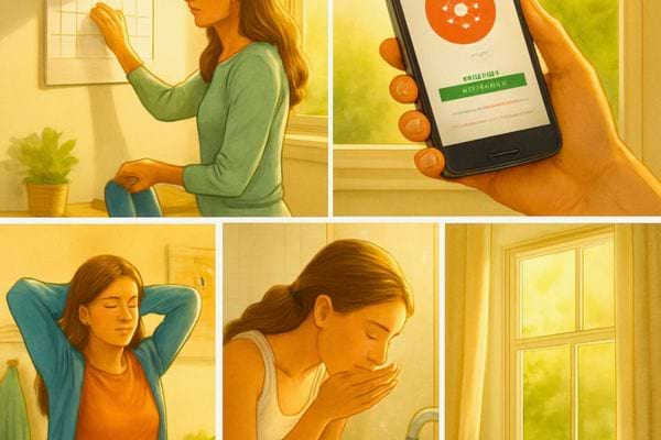 une femme suit une routine avec application et gestes du matin contre allergie