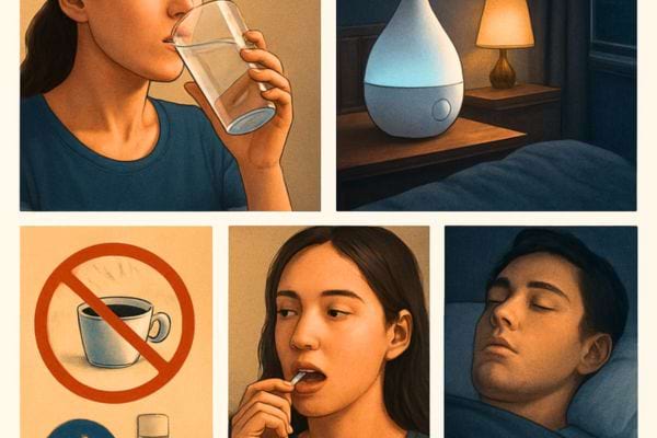 illustration montrant boire de leau utiliser un diffuseur eviter le cafe prendre un medicament et dormir