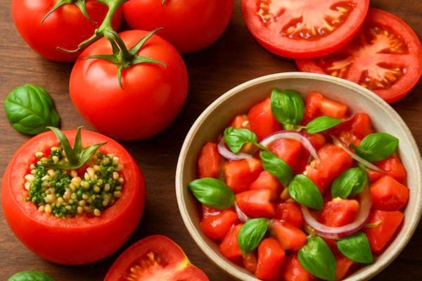 un bol de salade de tomates fraiches avec basilic et oignons