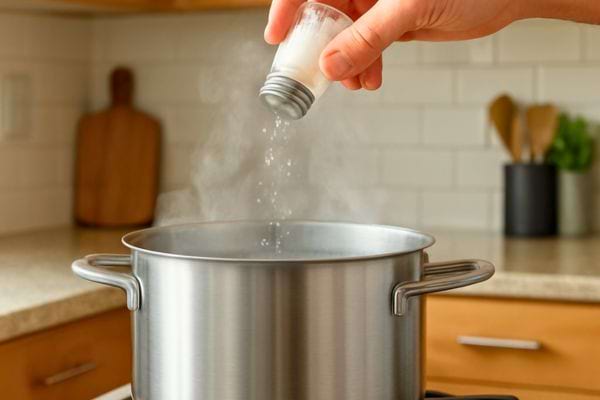 une main verse du sel avec une saliere dans une casserole chaude