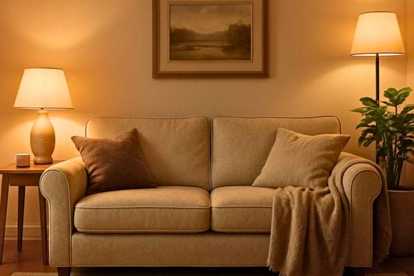 un salon avec un canape et des lampes cree une ambiance douce et chaleureuse