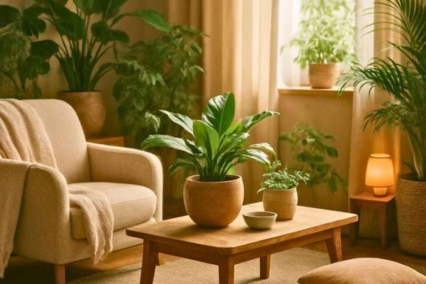 un salon lumineux avec fauteuil table basse et plusieurs plantes vertes