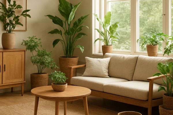 un salon chaleureux avec canape et plusieurs plantes vertes pres dune grande fenetre