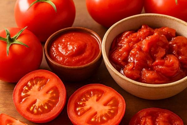 plusieurs bols remplis de sauce tomate et de tomates coupees