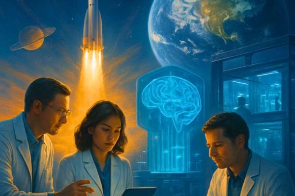 des scientifiques travaillent sur une tablette avec des elements spatiaux et technologiques