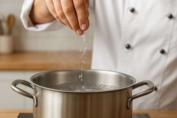 un cuisinier ajoute une pincee de sel dans une casserole deau bouillante