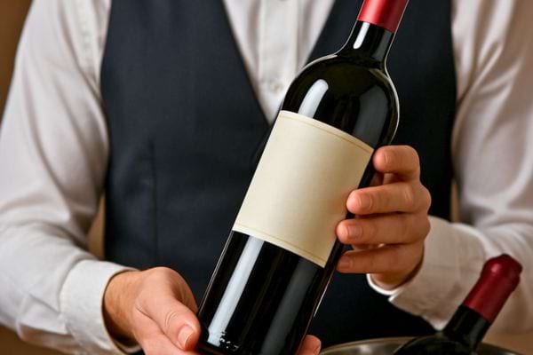 un serveur presente une bouteille de vin avec etiquette vierge