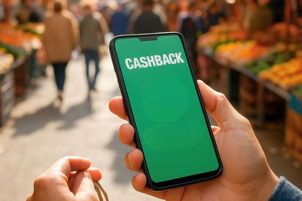 une personne tient un smartphone affichant cashback dans un marche anime