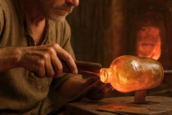 un artisan fabrique une bouteille en verre chaud dans un atelier