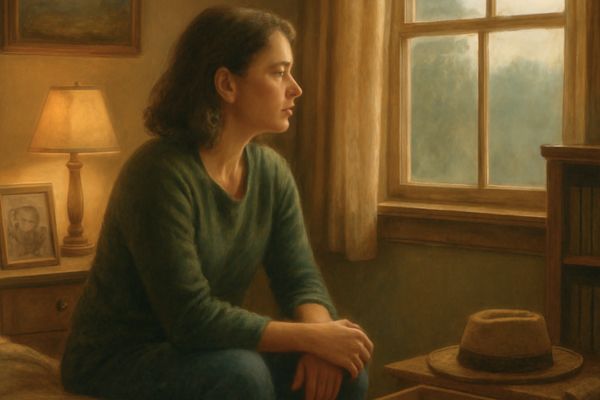 une femme assise regarde pensivement par la fenetre dans une piece calme
