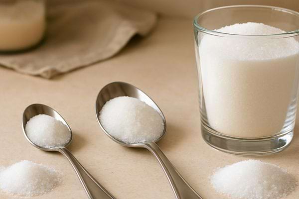 une main tient une cuillere de sucre avec des ustensiles de cuisine en arriere plan