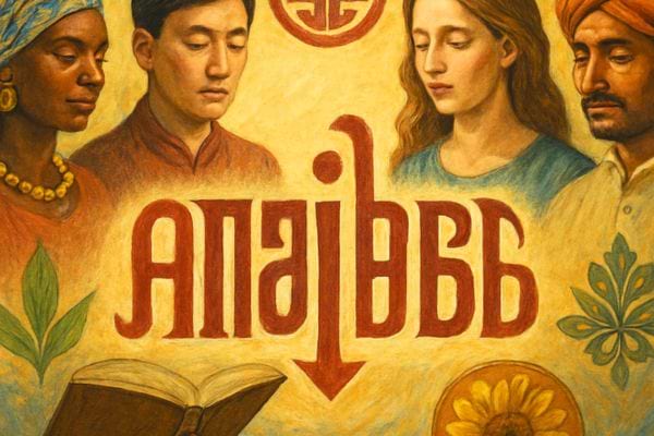 illustration montrant plusieurs personnes autour de symboles et dun livre ancien