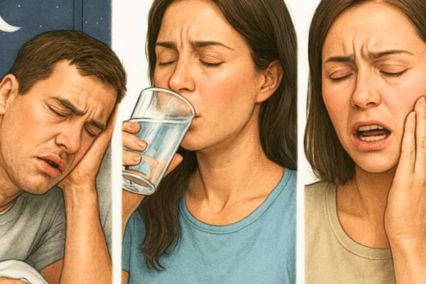 trois personnes montrant fatigue boire de leau et douleur a la gorge