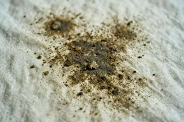 gros plan sur une tache de salete sombre sur un tissu blanc