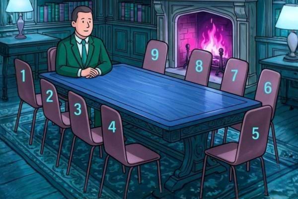 Homme assis dans une biblioth&egrave;que, devant une grande table entour&eacute;e de chaises, avec chemin&eacute;e allum&eacute;e au fond.