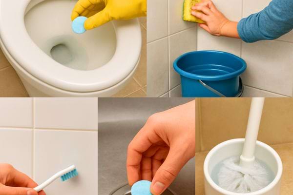 plusieurs etapes de nettoyage des toilettes avec pastille eponge et brosse