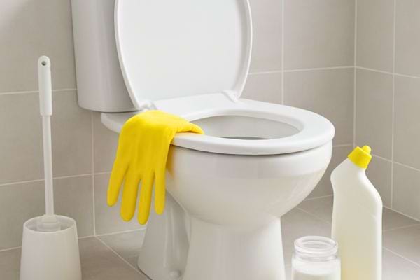 des gants et produits sont poses pres des toilettes pour le nettoyage