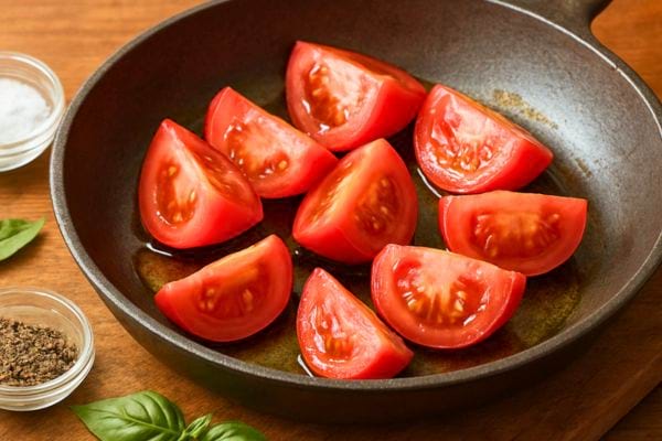 des quartiers de tomates cuisent dans une poele avec des epices a cote