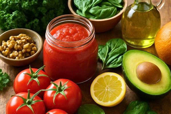 des ingredients sains avec tomates avocat citron et sauce tomate