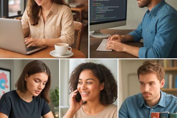 plusieurs personnes travaillent sur ordinateur et communiquent a distance