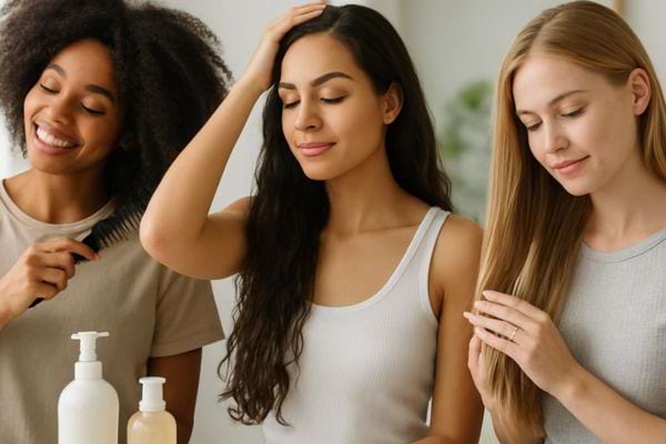 trois femmes prennent soin de leurs cheveux avec des produits capillaires