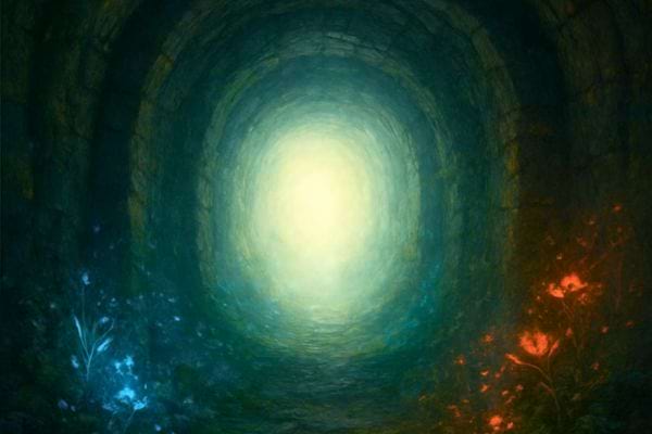 un tunnel sombre mene vers une lumiere intense entouree de teintes vertes et bleues