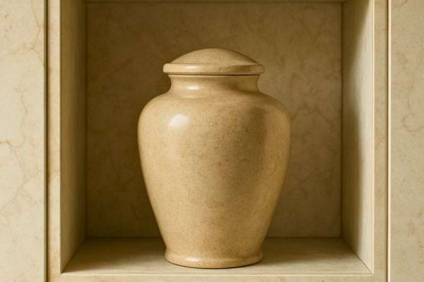 une urne funeraire beige posee dans une niche de marbre