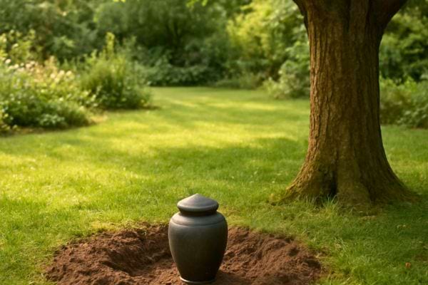 une urne posee dans un trou dans un jardin pres dun arbre
