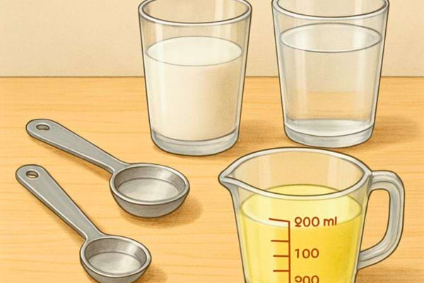 un pichet doseur avec du liquide et des cuilleres de mesure a cote