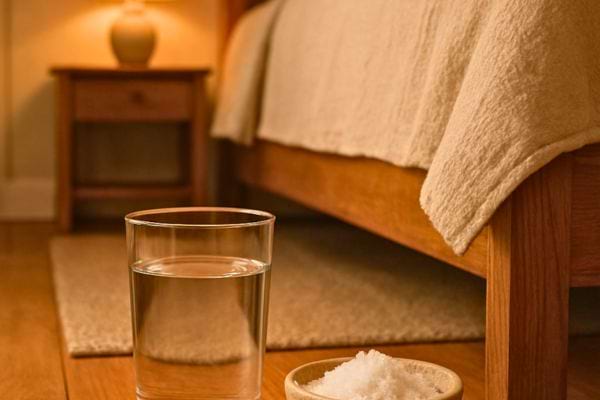 un verre deau et un bol de sel poses au pied dun lit eclaire par une lampe