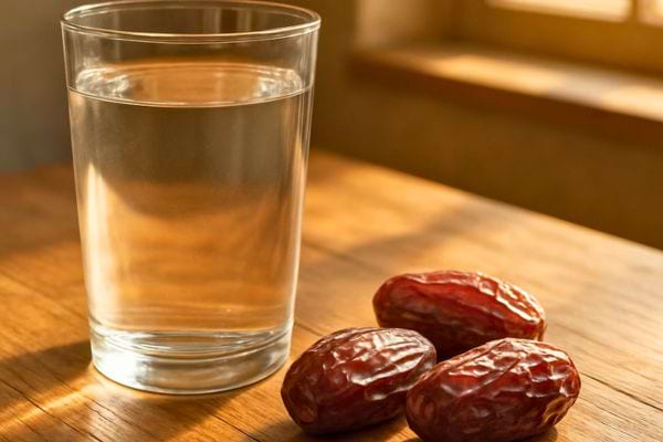 un verre deau est place sur une table a cote de trois dattes