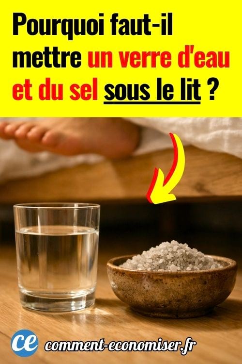 Verre d&rsquo;eau et bol de gros sel pos&eacute;s au sol pr&egrave;s d&rsquo;un lit, avec un pied d&eacute;passant sous la couverture.
