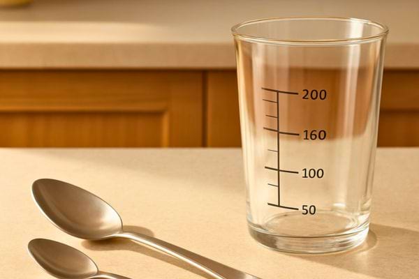 un verre doseur pose sur un plan de travail avec deux cuilleres a cote