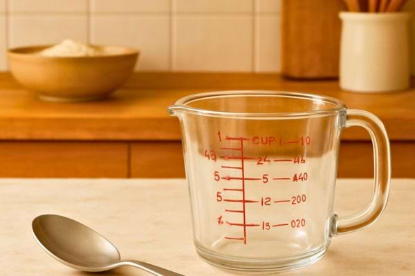 un verre doseur gradue pose sur un plan de travail avec une cuillere a cote