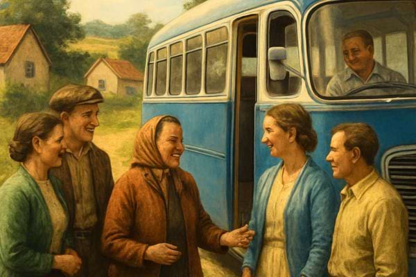 des habitants discutent et sourient pres dun bus dans un village rural