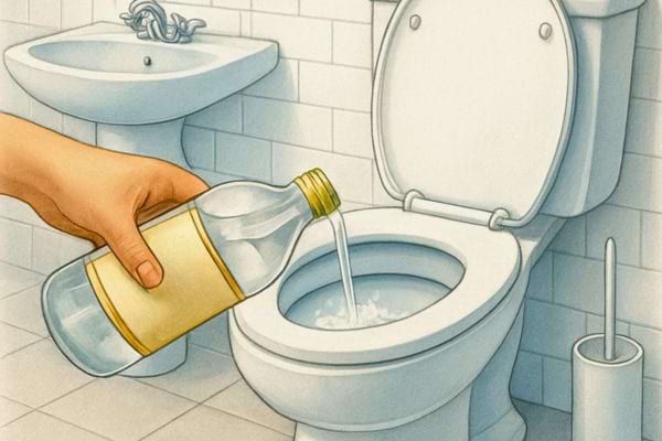 une personne verse du vinaigre dans les toilettes pour nettoyer naturellement