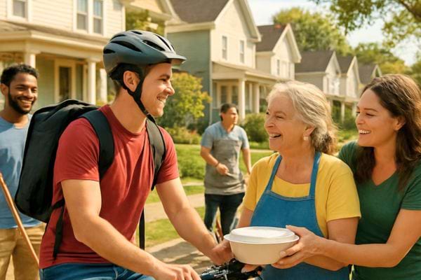 des voisins echangent un plat avec le sourire dans un quartier