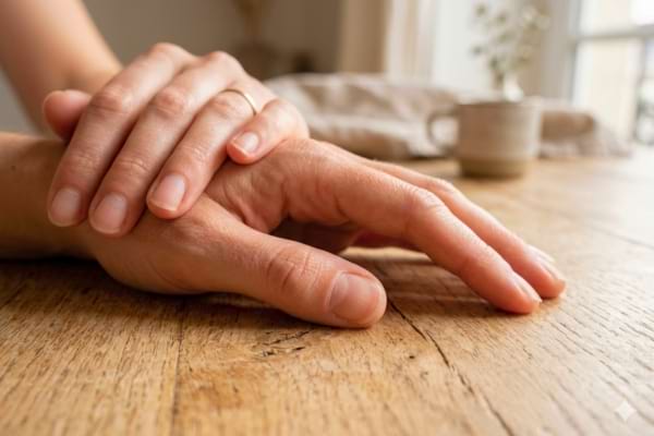 mains f&eacute;minines soign&eacute;es pos&eacute;es sur une table en bois clair
