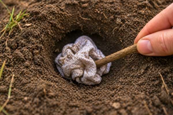 Un tissu au bout d'un b&acirc;ton enfonc&eacute; dans un trou de taupe