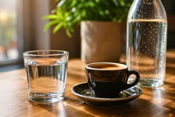 Une tasse de caf&eacute; et de l'eau pos&eacute; sur une table