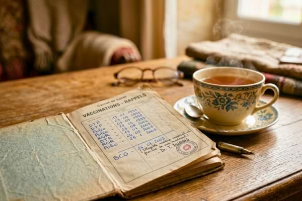 un vieux carnet de sant&eacute; ouvert sur une page de vaccination, pos&eacute; sur une table