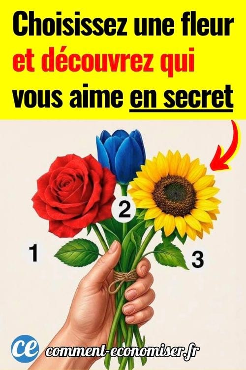 Main tenant un bouquet avec rose rouge, fleur bleue et tournesol numérotés 1, 2 et 3.