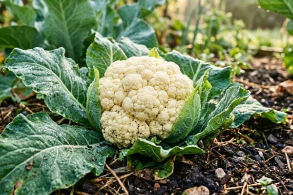 Chou-fleur blanc entour&eacute; de grandes feuilles vertes, encore en croissance dans le potager